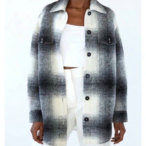 Aritzia Wilfred Free Midi Wool Plaid Ganna Shacket Long Black White Size XS - Picture 1 of 8